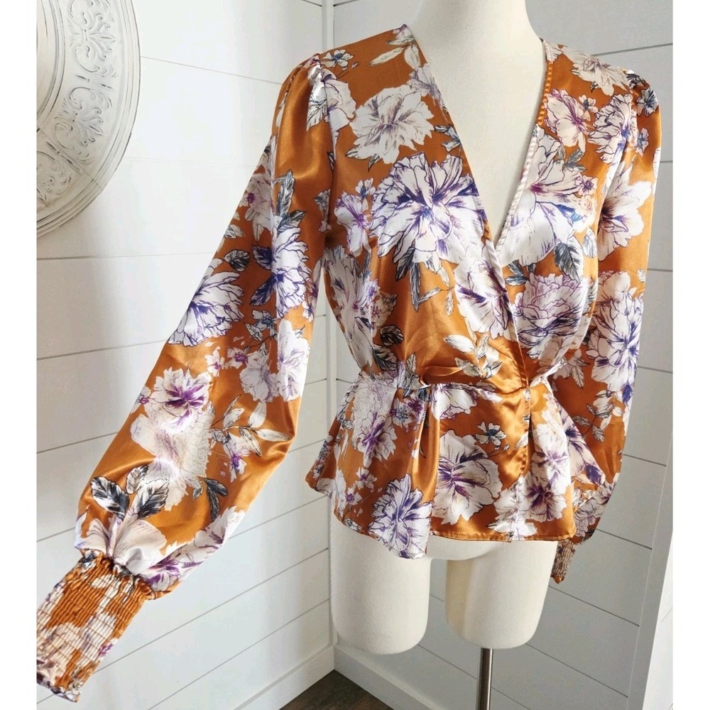 Peach Puff Satin Peplum Balloon Sleeve Floral Blouse Orange Violet Small